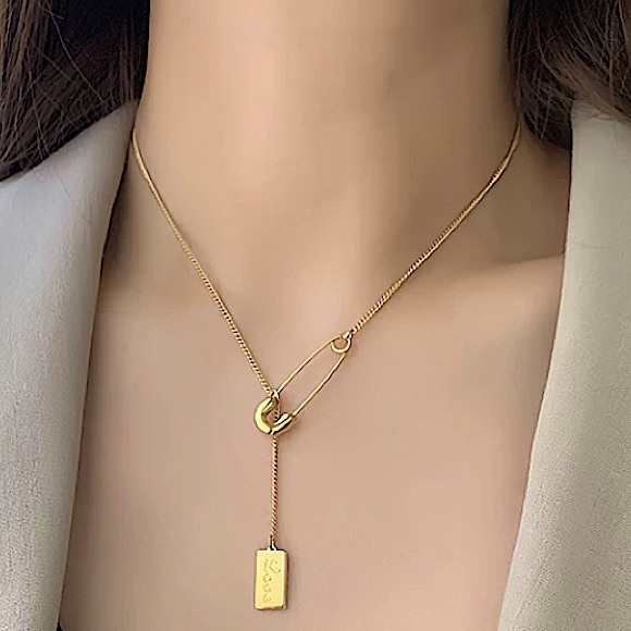 Safety Pin Gold Plated Love Necklace - Picture 6 of 14